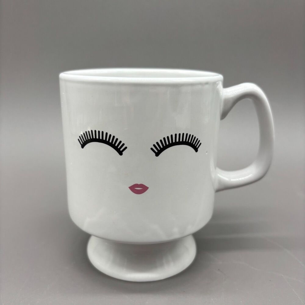 Sparrow & Wren Eyelash Face Pedestal Mug White Ceramic Coffee Cup Girl Lips
